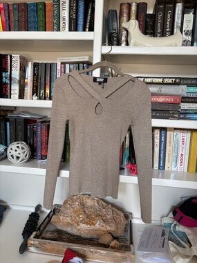 DKNY Shimmer Taupe Crossover Neck Knit Top